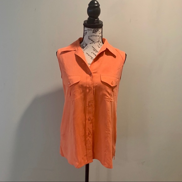 100% Silk Orange Sleeveless Button Top - Picture 4 of 4